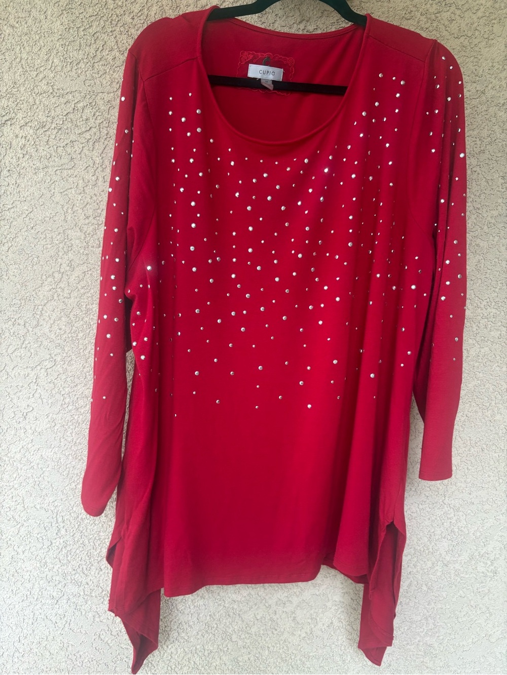 CUPIO Red Long Sleeve Studded Tunic Top with Asymmetric Hem